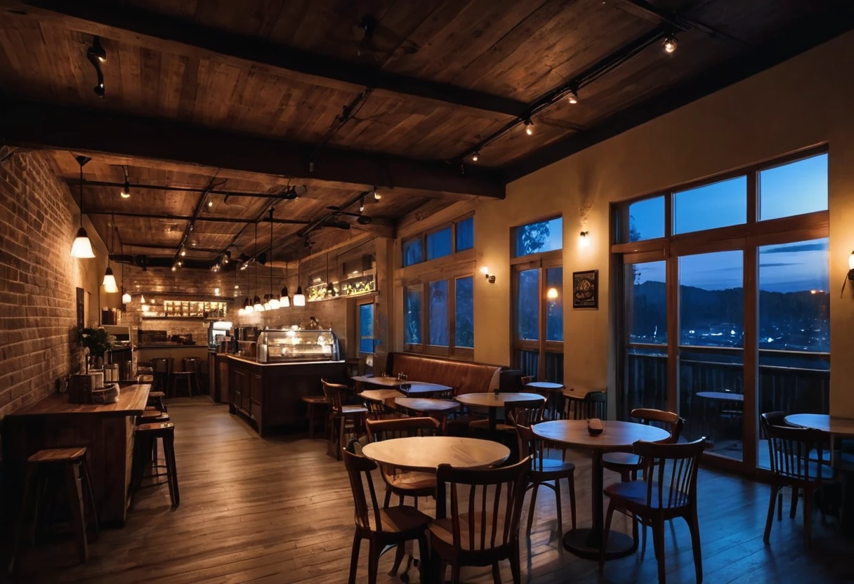 at night, cozy coffee shop interior with tables and coffee cups on them and a big windown in the center, night lighting