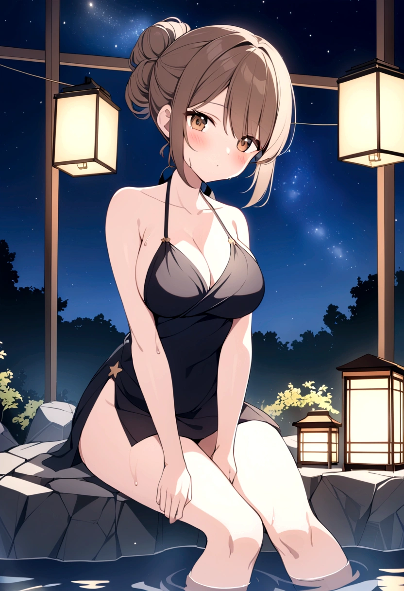 slender, mature female,1girl, onsen, breasts, night, rating:safe, soaking_feet, brown_hair, sitting, large_breasts, night_sky, sky, solo, blush, star_(sky), starry_sky, bare_shoulders, looking_at_viewer, water, thighs, outdoors, bangs, brown_eyes, sidelocks, rock, collarbone, black_dress, folded_ponytail, hair_bun, sleeveless, wet, eyebrows_visible_through_hair, halterneck, tied_hair, closed_mouth, dress, long_hair, bare_arms, swept_bangs, mole_under_mouth, bare_legs, sleeveless_dress, hair_between_eyes, lantern, short_hair