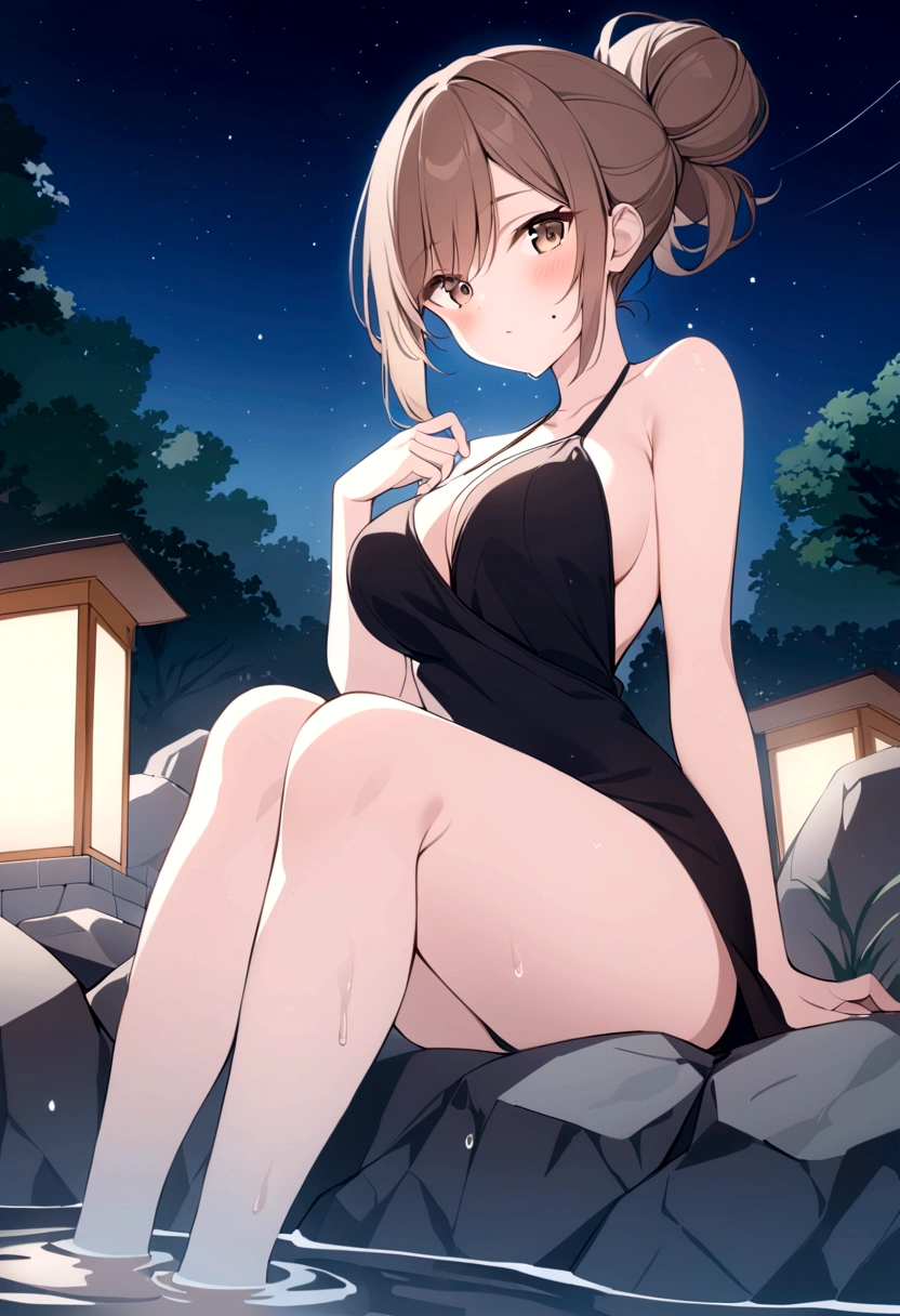 slender, mature female,1girl, onsen, breasts, night, rating:safe, soaking_feet, brown_hair, sitting, large_breasts, night_sky, sky, solo, blush, star_(sky), starry_sky, bare_shoulders, looking_at_viewer, water, thighs, outdoors, bangs, brown_eyes, sidelocks, rock, collarbone, black_dress, folded_ponytail, hair_bun, sleeveless, wet, eyebrows_visible_through_hair, halterneck, tied_hair, closed_mouth, dress, long_hair, bare_arms, swept_bangs, mole_under_mouth, bare_legs, sleeveless_dress, hair_between_eyes, lantern, short_hair