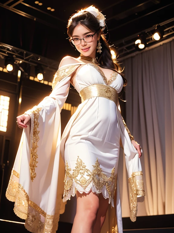 (8k, best quality, masterpiece, looks all detailed), highly detailed, masterpiece, realistic lighting, masterpiece, best quality, masterpiece, official artwork, highly detailed 8k unity CG wallpaper, Indonesian teenage girl of Javanese descent, long black hair tied with white long ponytail patterned ribbon, elegant and beautiful, full of charm, smiling sweetly and happily, wearing glasses, wearing white long  doll dress with gold embroidery, big breasts, wearing white high heel shoes, slender and tall body, standing in a forward-facing style, on the stage.