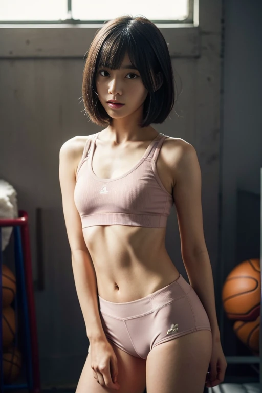 1 girl,Japanese,25 yo,(Slender body:1.4),(athlete:1.2),Black bowl cut hair with side bangs, BREAK ((Sportsbra,d-shorts)), BREAK, masterpiece, best quality, ultra quality, high quality, realistic, photo realistic, RAW photo, hyper detailed, intricate detail,(gym storeroom:1.3),cinematic lighting,(teary eyes),(blushing:1.3),beauty,girl,photorealistic,(standing),(small breasts:1.4),(camel toe),