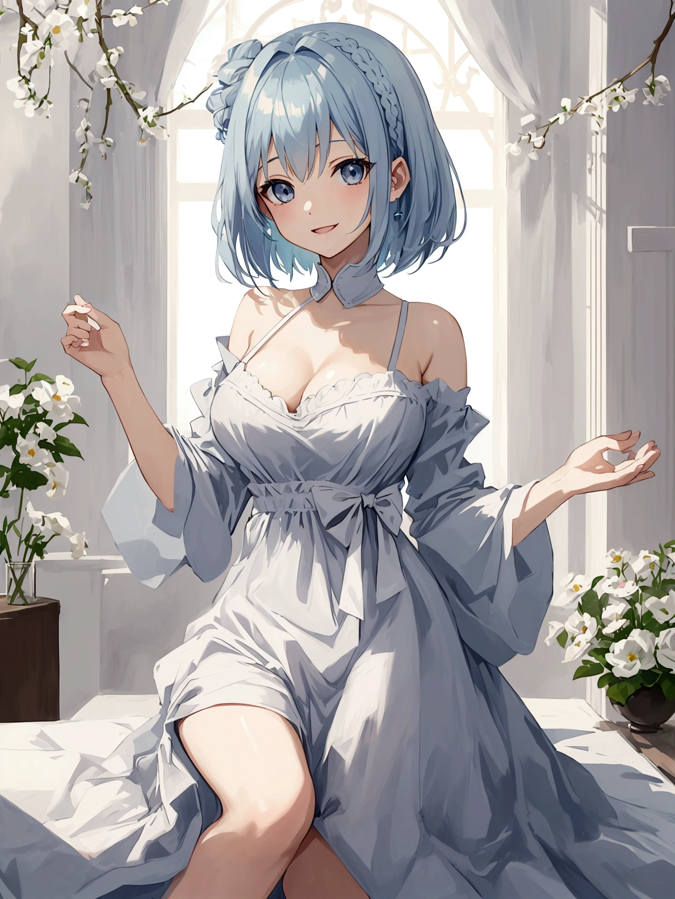looking away, embarrassed, blush, Keep one's mouth shut, very short skirt, looking away, sitting and spreading crotch, (Masterpiece, Slim Body, Delicate Fingers: 1.2), Best Quality, (Illustration: 1.2), (Hyper Detail), Eye Focus, Ultra Detail, (Fine Detail), (Intricate Detail), HDR, (Ultra Detail: 1.15), (Soft Light: 1.2), (1 girls), (naked:1.3), (white apron), flat chest, cleavage, thighs, cafe background, (blushing:1.3) (White_hair with blue highlights),cyan eyes, ager, medium short hair, solo, multicolored hair, ahoge, flat chest, mismatched pupils, multicolored eyes, high quality, best quality, full body image, (girl leaking pee)