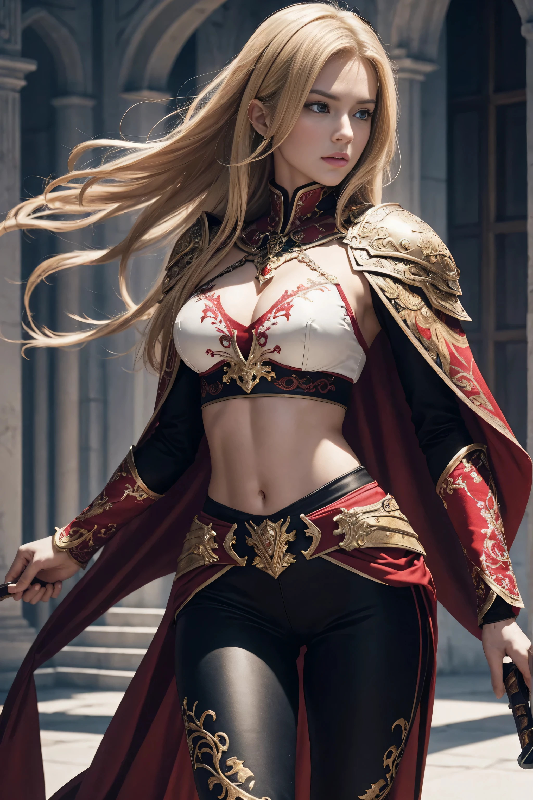 8K,A young blonde girl wearing a gorgeous red, white, and black chest armor., Super beauty(Like the real thing)real looking skin,Beautiful Princess Knight,blue eyes, Princess Knight, ((Beautiful and fantastic Princess Knight)), An elegant , gorgeous princess paladin, Beautiful Princess Knight,超A high resolution,Masterpiece,A hyper-realistic,Fantasyart,curacter art,cinestill 800,alluring glance,A sexy,a closeup,A sexy chest armor,Thin and well-muscled body,combat scene,action scene,actionpose,Equipped with a rapier on the waist,Royal coat of arms carved into the chest armor,red and white luxurious cloak,Fight enemies,slender body,well-muscled,gorgeous red and black pants(Golden embroidery),tiny chest,Juvenile look,Rugged look,