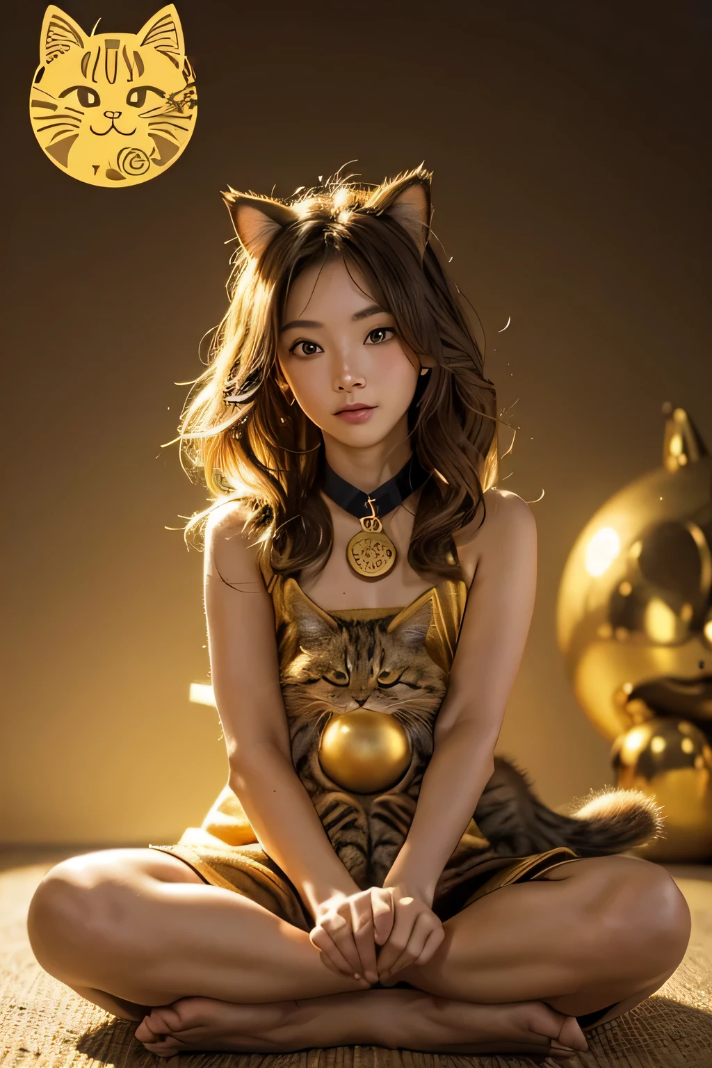 Create an image of a cute, golden Maneki-neko (beckoning cat) character. The cat should have shiny, golden fur and a welcoming expression with large, friendly eyes. One paw should be raised, and the other should hold a small, golden coin. The cat should be adorned with a red collar and a small bell. The background should be simple and neutral, allowing the focus to be on the cat. The image should be in a vertical format, suitable for use on smartphone lock screens. Ensure the cat is centered and fully visible from head to toe.