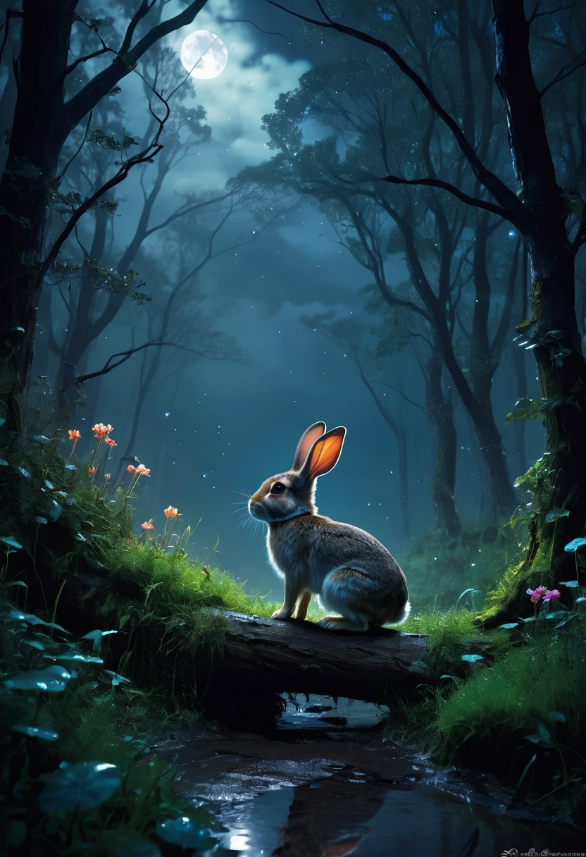 Rainy night forest Fantasy A limp rabbit Highest quality