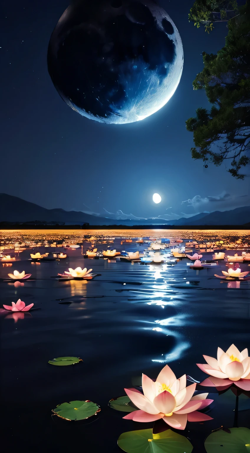 (((night))),(((Giant Moon))),Moonlight reflecting on the water,Lotus flower,Huge pond,Vision,The Wide World,Inverted Image,Water tendons