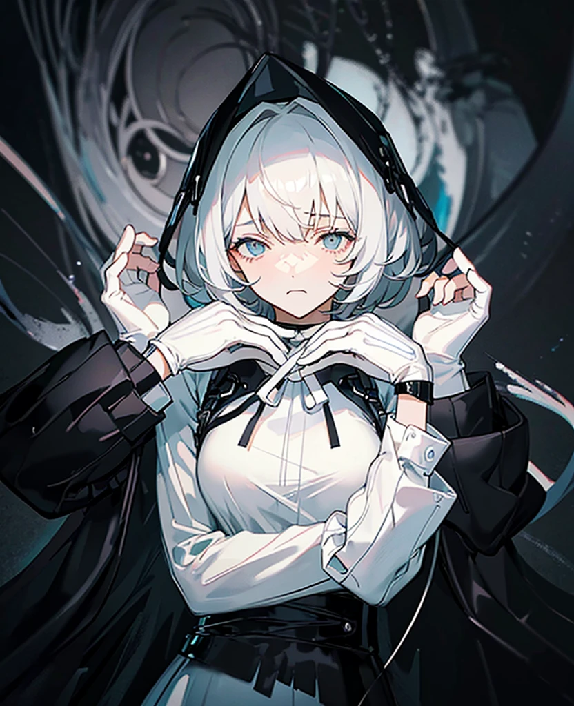 Masterpiece,Best quality,(A gloomy painting style:1.6),Solo,Boy,White hair,Short hair,(White shirt:1.4),((Face)) shirt,Shorts,Coat,Hood,Sneakers,Black coat,No breasts,Long sleeves,bangs,Fingerless gloves,Short hair,hair between eye,((gloomy expression)),(Pure black background:1.4),1 girl,monochrome,upper_body,gloom,hood,heart,hands up,holding heart,(heart with hands:1.4),Palms up