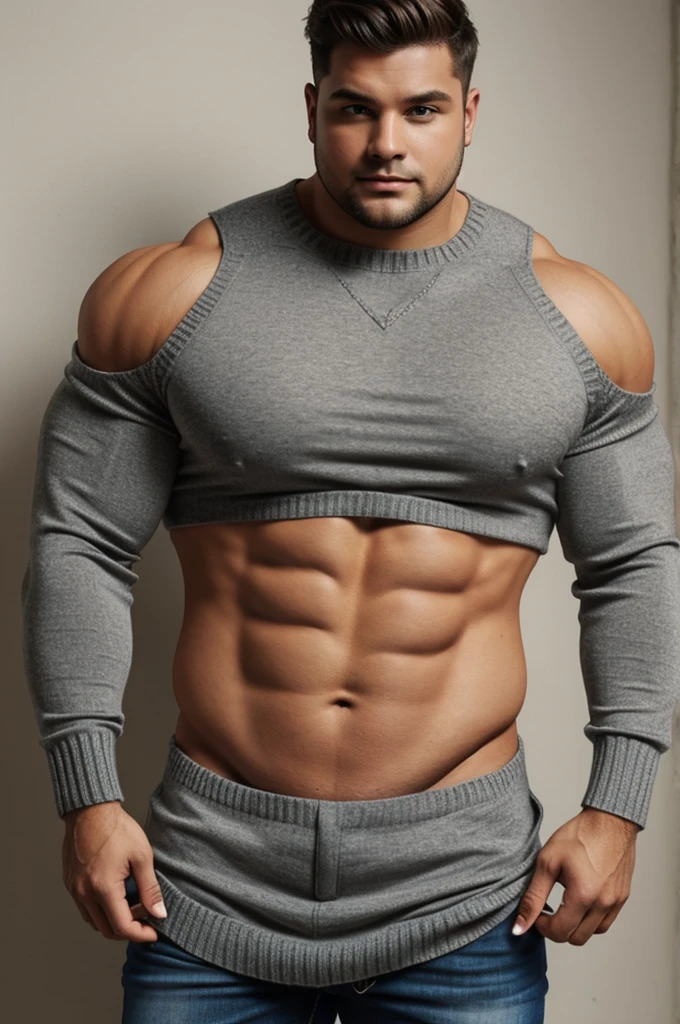 Male, buff, muscular, curvy, chubby, off-shoulder sweater