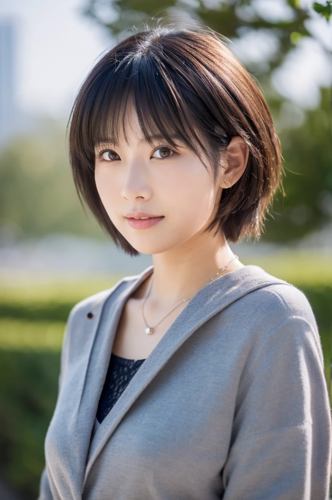 Close up of (((Masamisuno))),(in 8K, top-quality, ​masterpiece:1.3, high resolution, A hyper-realistic), high detailing,Lighting the face, best light, japanes，japanaese girl, Photo of a cute Japanese woman, Small necklace, Thin Silver Necklace, simple background, wear suit, Casual pose, Short hair swaying in the wind