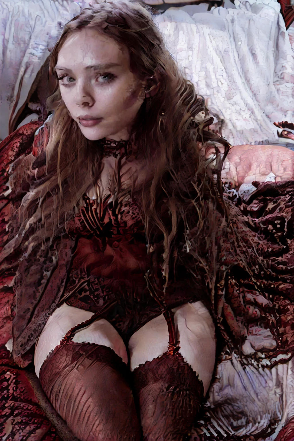 Elizabeth olsen ,2 girls(((((girls 18 year old))))) ,sexi, in red satin micro lace bikini lingerie and lace stockings,(((background room with red and black bed))),black_lipstick,(((paleskin)))