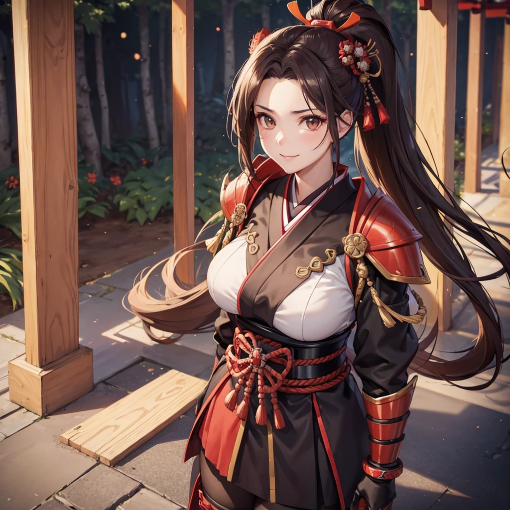 A woman wearing heavy red samurai armor with black details, metal bracelet, metal boots, standing on a concrete sidewalk, traditional Japanese forest background, traditional Japanese trees, brown hair, hair long, ponytail hair, red bow in her hair, samurai mask on her forehead, brown eyes, big breasts, smiling.. UHD , prime work , accurate , anatomically correct , textured skin , super details , high quality , best quality, 8k, high resolution, bokeh effect. (woman alone)
