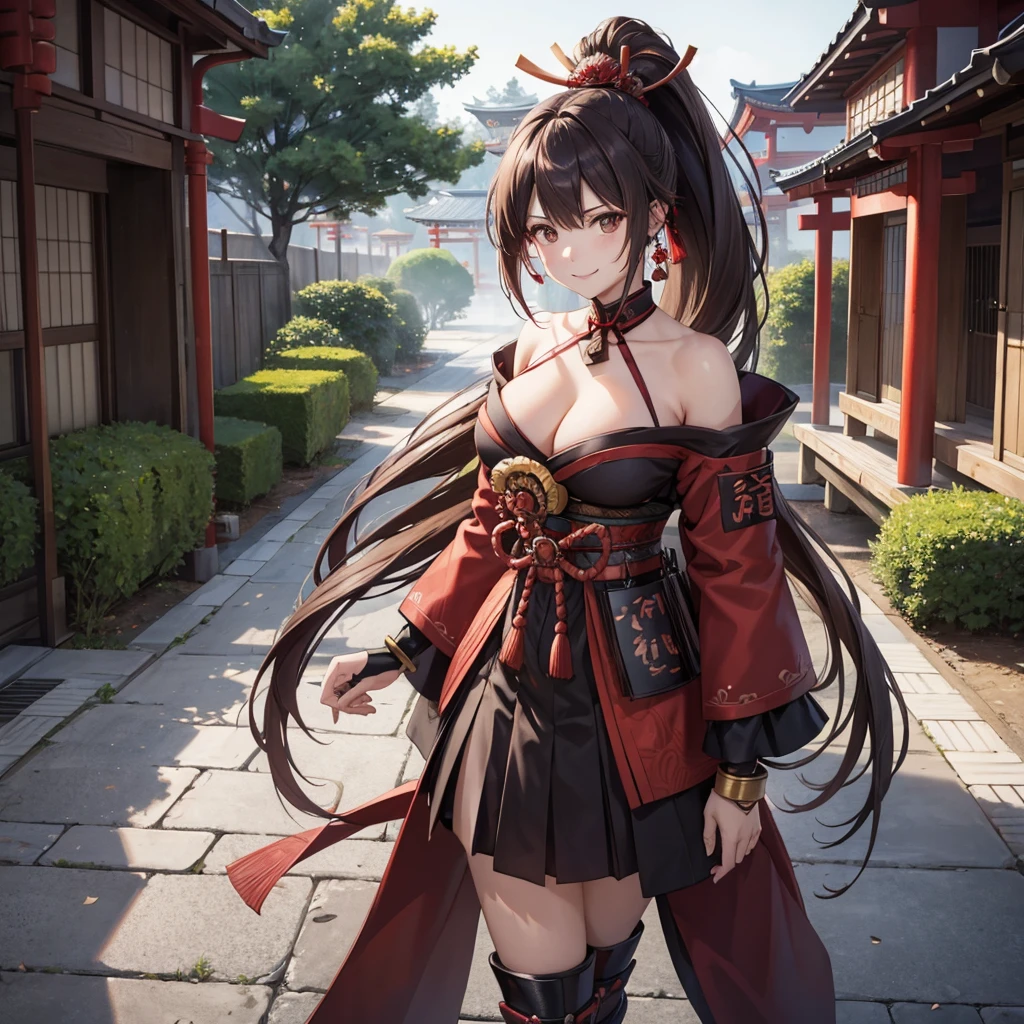 A woman wearing heavy red samurai armor with black details, metal bracelet, metal boots, standing on a concrete sidewalk, traditional Japanese forest background, traditional Japanese trees, brown hair, hair long, ponytail hair, red bow in her hair, samurai mask on her forehead, brown eyes, big breasts, smiling.. UHD , prime work , accurate , anatomically correct , textured skin , super details , high quality , best quality, 8k, high resolution, bokeh effect. (woman alone)
