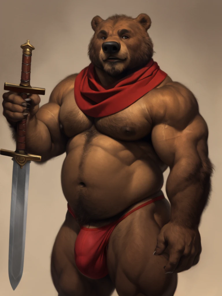 antro by the little bear_rusty), red scarf, (Old bear with sword), daddy , obese and muscular , naked torso, simple background, ultra detailed, pose natural, (well-built:1.3), (voluminous:1.3) bodybuilder, standing, by honovy, Por ROV, correct hands, manly, Bulge, bulk, fur in brown, claws in five 