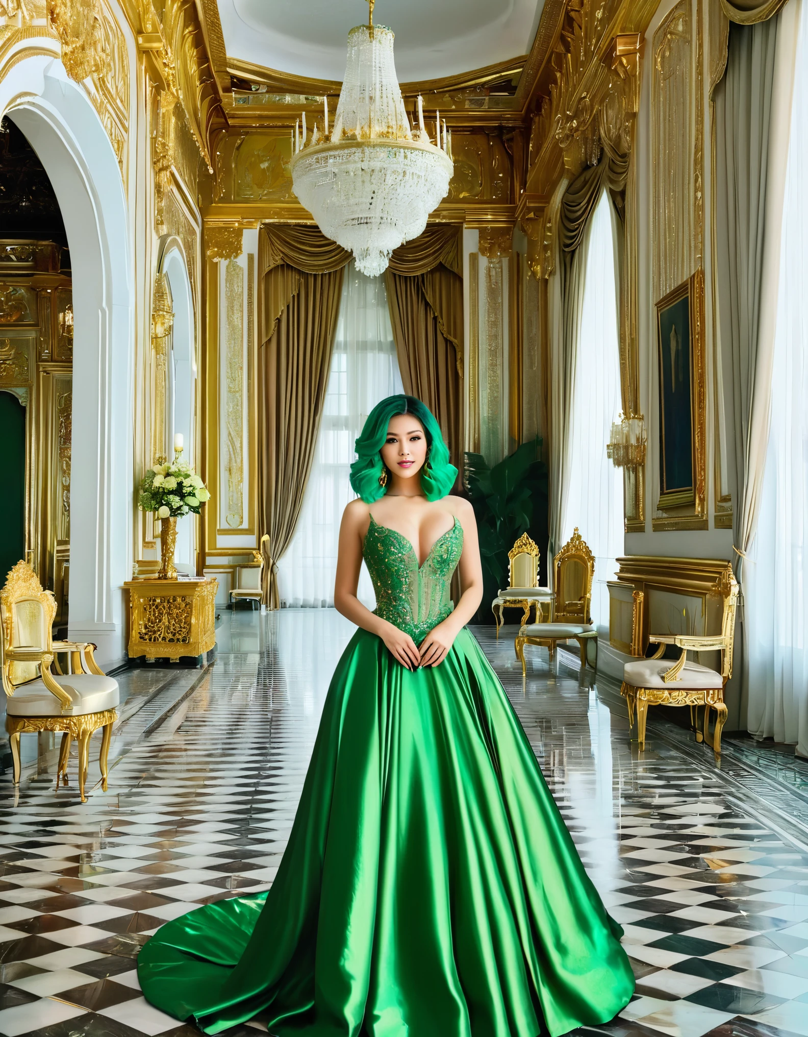 A woman with green hair, dressed in an elegant ball gown, standing in a grand palace with opulent decor and royal furnishings.