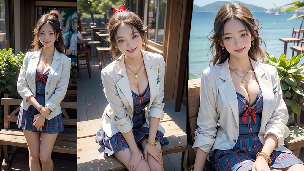 8K、RAW Photos、Highest quality、Super detailed、Super Resolution、Ultra HD、8K壁紙、Amazing details blazer uniform girl ((White blouse with formal collar, Blue Blazer,
Red Check Skirt, Red checkered ribbon on blouse)), Complete limbs, Full Finger,
(((((Starbucks)))))、((((Cafe bench with sea view))))((16 year old female student))、(((((Eat cake、Drink coffee、smile)))))、(((Heart Necklace、Gold bracelet)))
(((Emphasize cleavage)))
((((Full body photo、The whole body is visible、Full body portrait))))