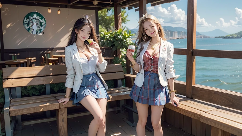 8K、RAW Photos、Highest quality、Super detailed、Super Resolution、Ultra HD、8K壁紙、Amazing details blazer uniform girl ((White blouse with formal collar, Blue Blazer,
Red Check Skirt, Red checkered ribbon on blouse)), Complete limbs, Full Finger,
(((((Starbucks)))))、((((Cafe bench with sea view))))((16 year old female student))、(((((Eat cake、Drink coffee、smile)))))、(((Heart Necklace、Gold bracelet)))
(((Emphasize cleavage)))
((((Full body photo、The whole body is visible、Full body portrait))))