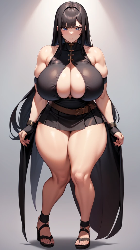 (masterpiece), best quality, female warrior, huge girl, female muscular:1.2, straight hair, black hair, massive breast, curvy, ((thick thighs:1.4)), (((blank background))), ((full body)), fingerless gloves, sandals, sleeveless, covered nipples, (underboobs:1.3), medium hair, thin hair, (very short skirt), blunt bangs