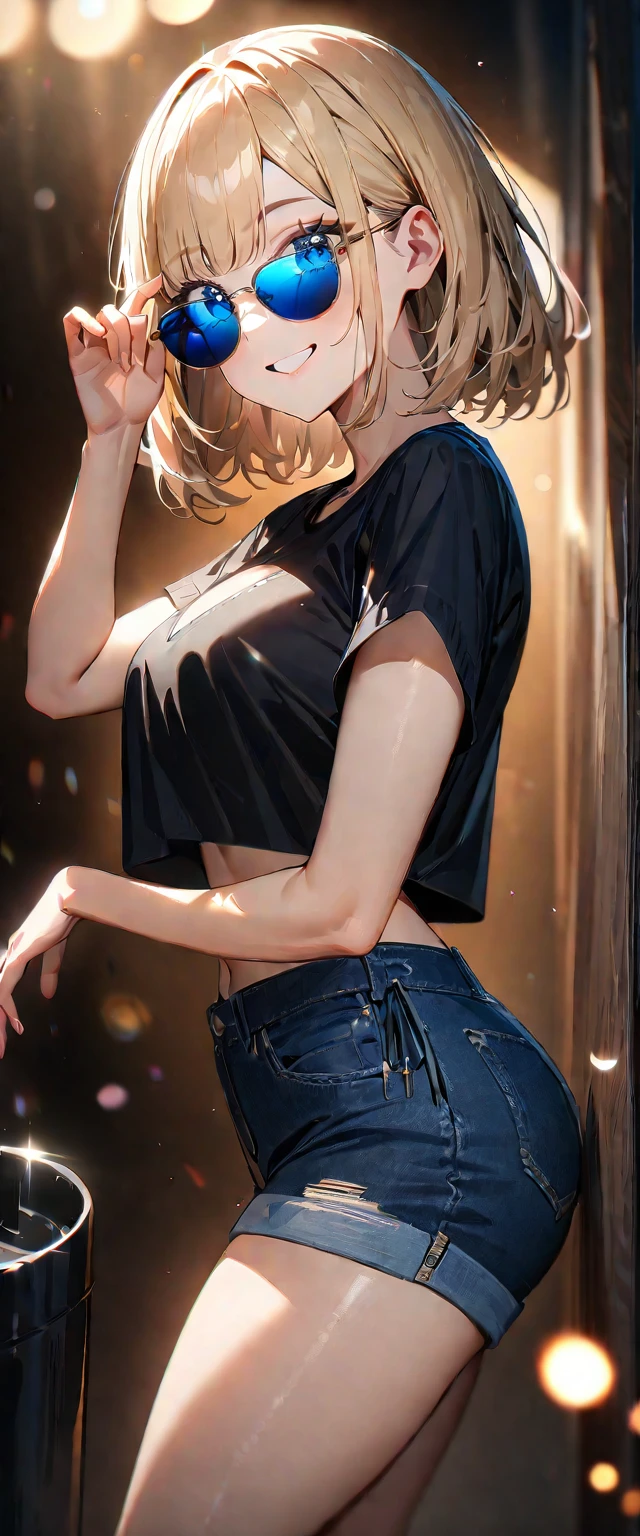 (((One girl))), blond hair, bob cut, big breasts, (cowboy shot), (looking at viewer), ((black shorts)), ((black crop top overhang)), face in focus, ager, head tilt:1.3, (((blue eye))), ((happy smile)), ((blush)), arched back, arms up, anime style, (best quality, 4k, 8k, highres, masterpiece:1.2, ultra-detailed, ultra-detailed eyes, HDR, UHD, studio lighting, ultra-fine painting, sharp focus, physically-based rendering, extreme detail description, professional, vivid colors, bokeh)