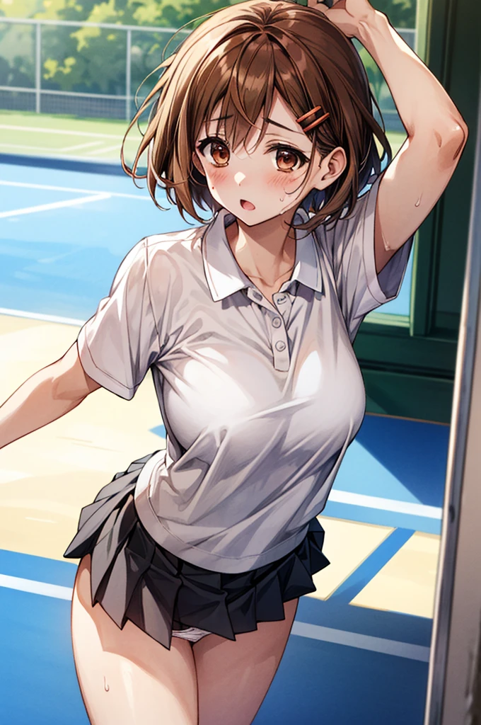 NSFW、独奏、tennis、tennisウェア、Toned body、Bare thighs、(Panty shot、White panties、Panties transparent with sweat、Mansuji)、（tennisウェア、White polo shirt、Big Breasts、White Micro Mini Skirt White、White pleated skirt White）、シャツ越しに透けたBig Breasts、(short hair、Brown Hair、Barrette、hair ornaments)、(Brown eyes:1.5)、(yuihirasawa、yui hirasawa、Yui Hirasawa)、Big Breasts、Women&#39;s High、tennisコート、独奏