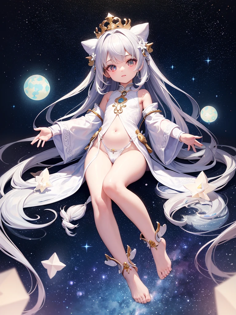 li，masterpiece, high resolution, best quality, Very detailed,wallpaper，Space starry sky background，Cute and cute，A body made of white jade，Silver long hair，Height one meter five，V-shaped jumpsuit，Full body picture,No shoes，Very small feet，Feet made of white jade，Detail of reproductive organs，Directly facing the top view