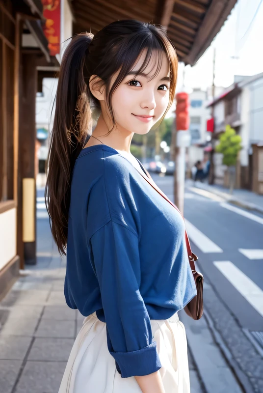 Produce the highest quality and highest resolution 8K images。Please draw the whole body of a 20 year old Japanese woman.。Please draw an image of a smiling person taking a commemorative photo at a tourist spot.。She has brown eyes and a model figure.、She has an idol-level cute face.。The hair is in a ponytail。Skin has a healthy color。Clothes、I'm wearing early summer clothes。