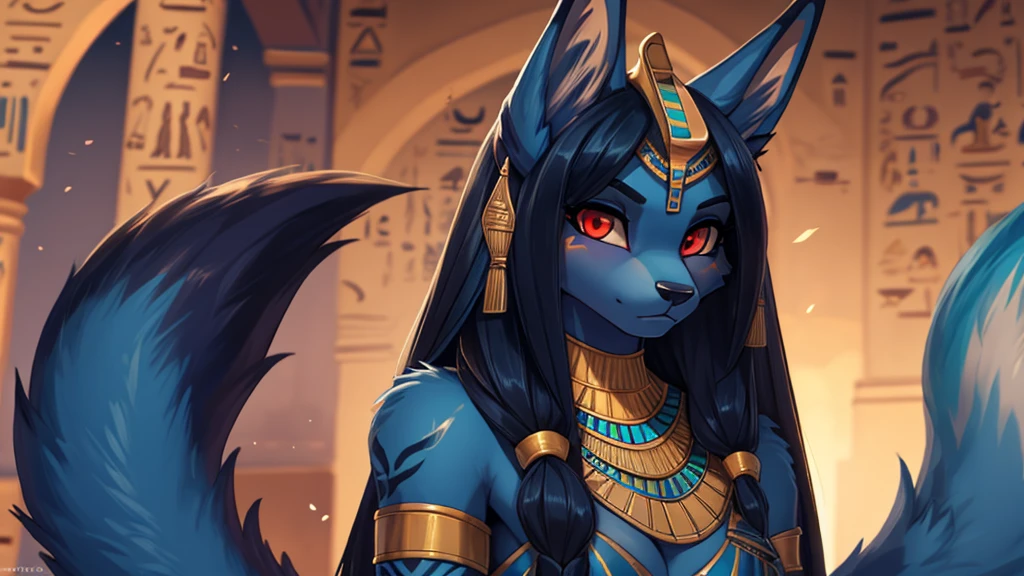 age girl, the debt, furry, dark blue skin with aqua blue, hairy,Anubis, egyptian goddess, arabic clothing(developer) add_detail:1, high tail hairstyle add_detail:1, Fox tail,long hair normal bust, blue tattoos, Red eyes, realistic pupils, High Definition, long blue tail, blue fur