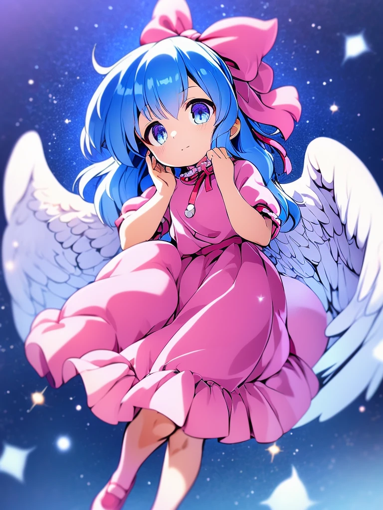 masterpiece, best quality, 1girl, , , 10 years old, medium blue hair, hair flaps, pink ribbon on head, well-formed face, blue eyes, angel girl, white blouse, puffy short sleeves, red ribbon, angel wings, long white skirt, red shoes, frills, ribbon head