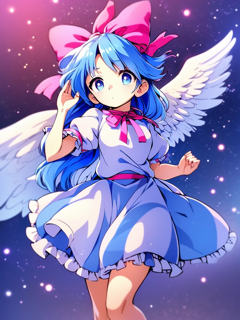 masterpiece, best quality, 1girl, , , 10 years old, medium blue hair, hair flaps, pink ribbon on head, well-formed face, blue eyes, angel girl, white blouse, puffy short sleeves, red ribbon, angel wings, long white skirt, red shoes, frills, ribbon head