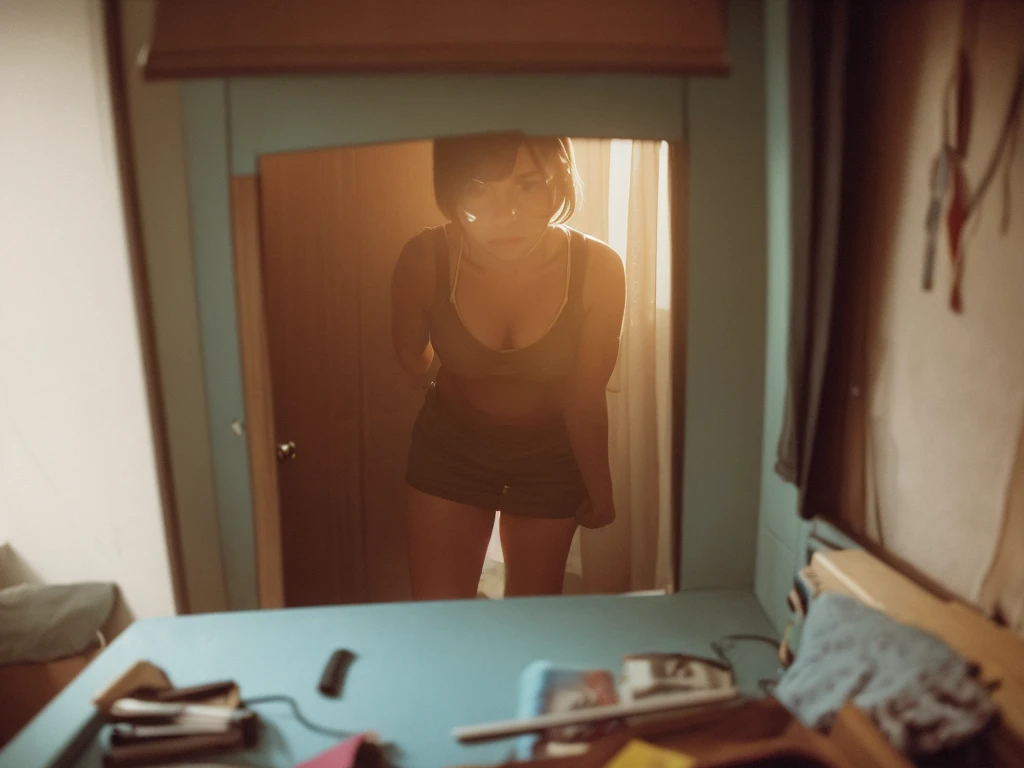 (Peephole view) , Voyeur , (old color negative film) , (soft focus) , (Bokeh:1.1) , woman , woman's messy room , (Activities of daily living) , underwear , looking away , Change underwear , Scratching the groin , private parts behind object , bathing , twilight , dim light