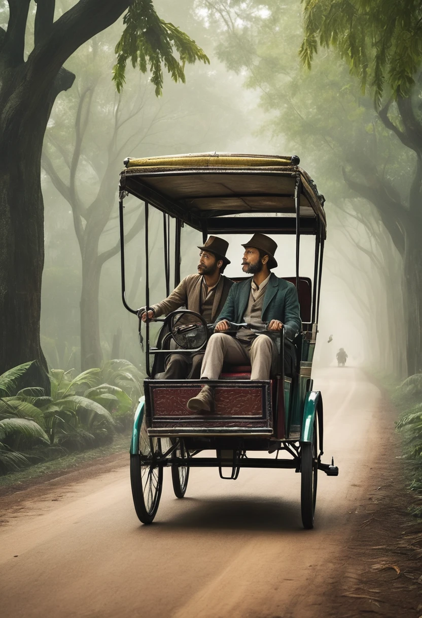 a whimsical scene where a velociraptor pulls a traditional rickshaw. Two passengers are seated inside the rickshaw, and the setting appears to be a misty road lined with trees. adding to the fantastical nature of the image. 🦖🌿 this rendition, added more realistic details, enhanced the cinematic color scheme. The misty road, ancient trees, and the velociraptor pulling the rickshaw should now feel even more vivid and captivating.