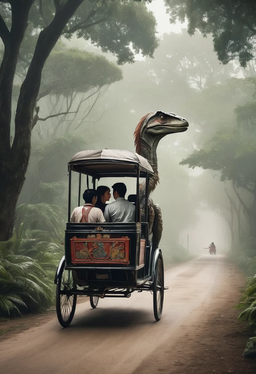 a whimsical scene where a velociraptor pulls a traditional rickshaw. Two passengers are seated inside the rickshaw, and the setting appears to be a misty road lined with trees. adding to the fantastical nature of the image. 🦖🌿 this rendition, added more realistic details, enhanced the cinematic color scheme. The misty road, ancient trees, and the velociraptor pulling the rickshaw should now feel even more vivid and captivating.