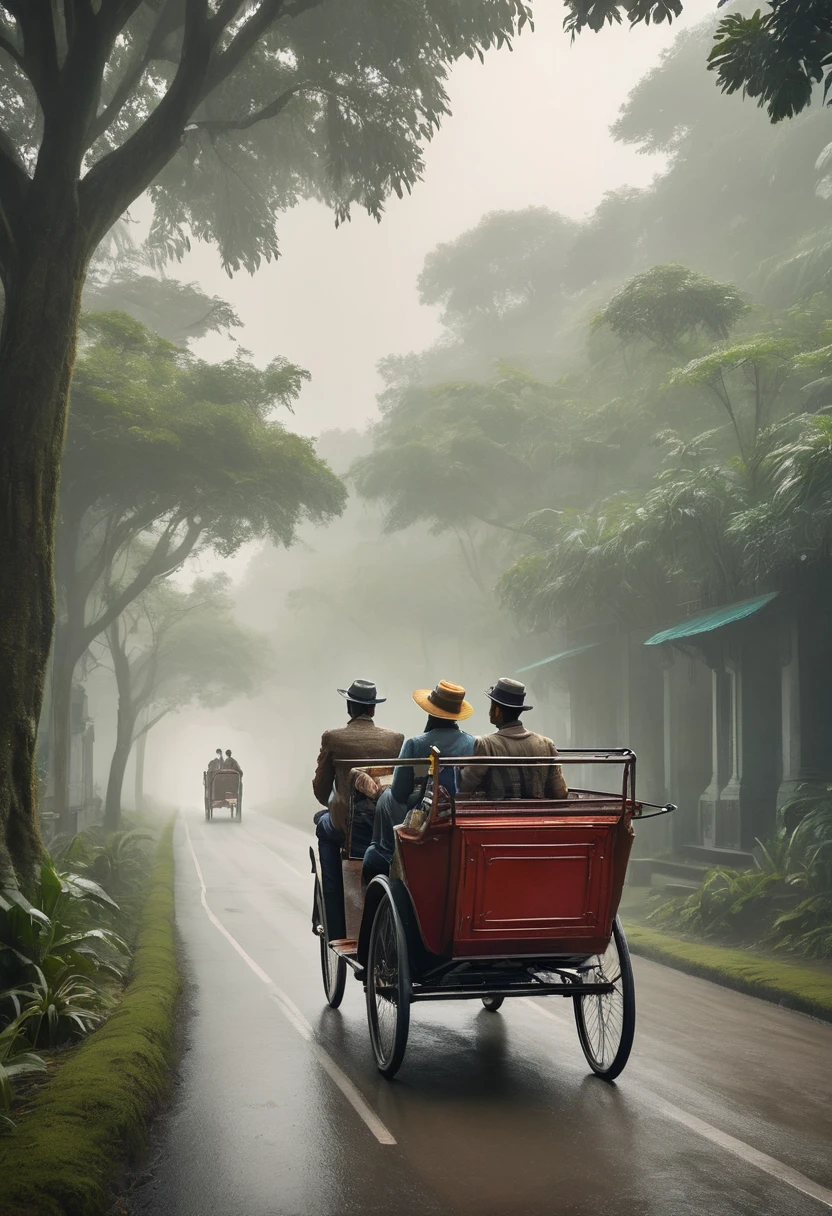 a whimsical scene where a velociraptor pulls a traditional rickshaw. Two passengers are seated inside the rickshaw, and the setting appears to be a misty road lined with trees. adding to the fantastical nature of the image. 🦖🌿 this rendition, added more realistic details, enhanced the cinematic color scheme. The misty road, ancient trees, and the velociraptor pulling the rickshaw should now feel even more vivid and captivating.