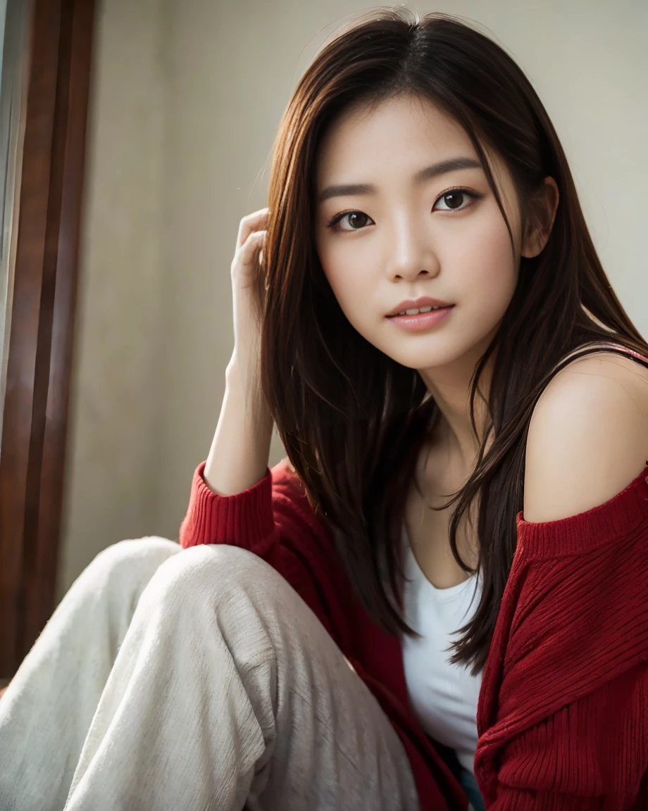 Close up portrait of woman sitting on chair in room, Jason Chan's photo, tumbler, What it is?, beautiful Asian Girl, Korean Girls, Asian Girl, Japanese Goddess, gorgeous young Korean women, beautiful south Korean women, 美しいAsian Woman, beautiful young Korean women, Japanese Model, Korean women, Gorgeous Chinese Model, Asian Woman, young Asian Girl,bokeh,(medium close-up shot:1.5)