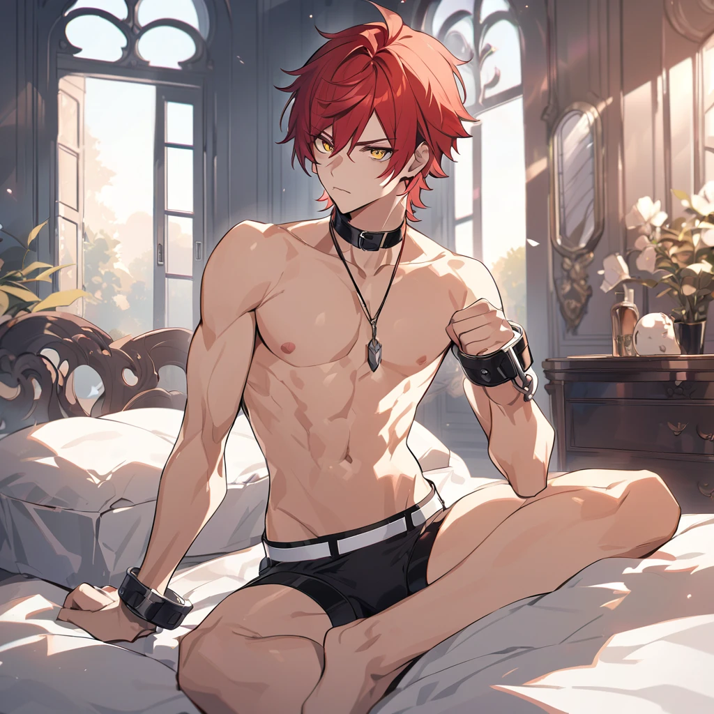 cute male, Red hair, yellow eyes, looking at the camera, serious, wearing no shirt, Óculos Athletic Belt, Victorian mansion, Difinifo body, wearing no shirt, black neck necklace, Athletic Belt, protuberance, Small White Soft Boxer Briefs, naked legs, Handcuffed hands, lying in the bed,( cute male, wearing no shirt) Athletic Belt, , cute boy)