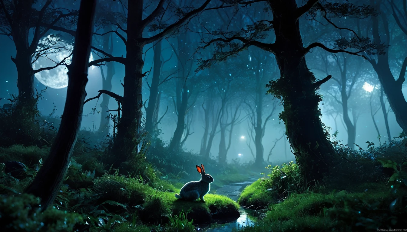 Rainy night forest Fantasy A limp rabbit Highest quality