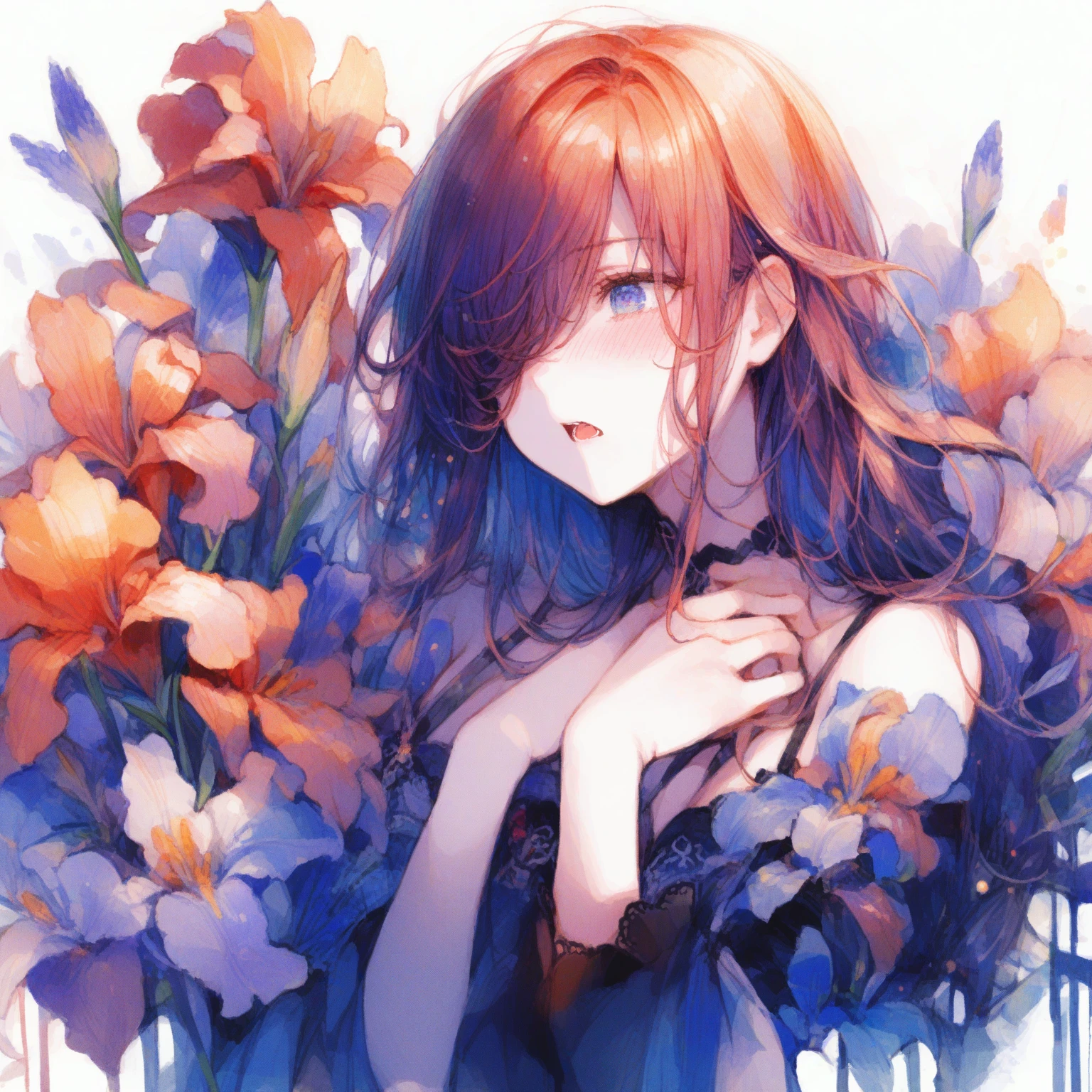 1girl、German Iris、「Burning passion」「passion」、Hiding one eye with hair、full-face blush, Screaming with mouth wide open、tegaki