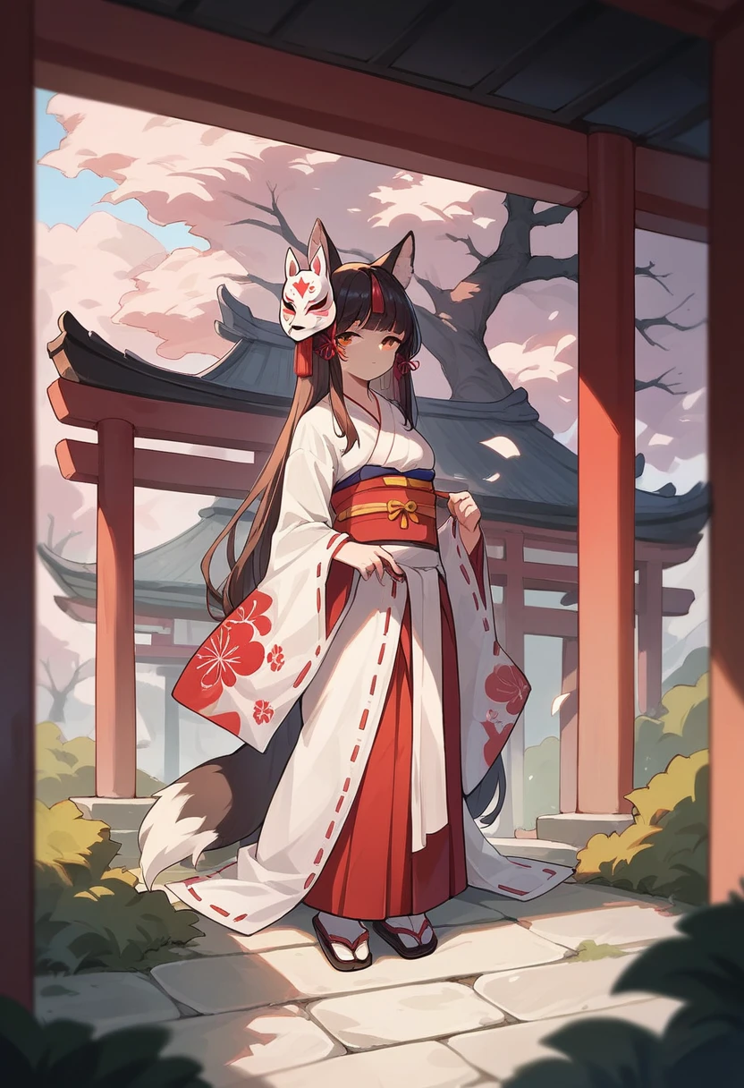 Japanese shrine, miko, fox mask