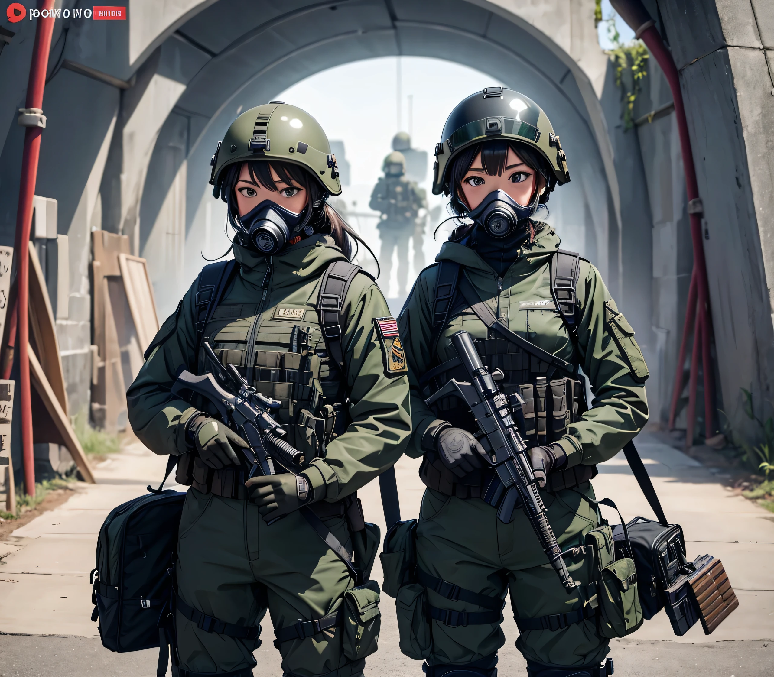 tunnel、Three female special forces soldiers wearing gas masks、Put on a helmet、Wearing M-51 military uniform、Show only the upper thigh area、Write details、masterpiece、best quality、Highly detailed CG、8K picture quality