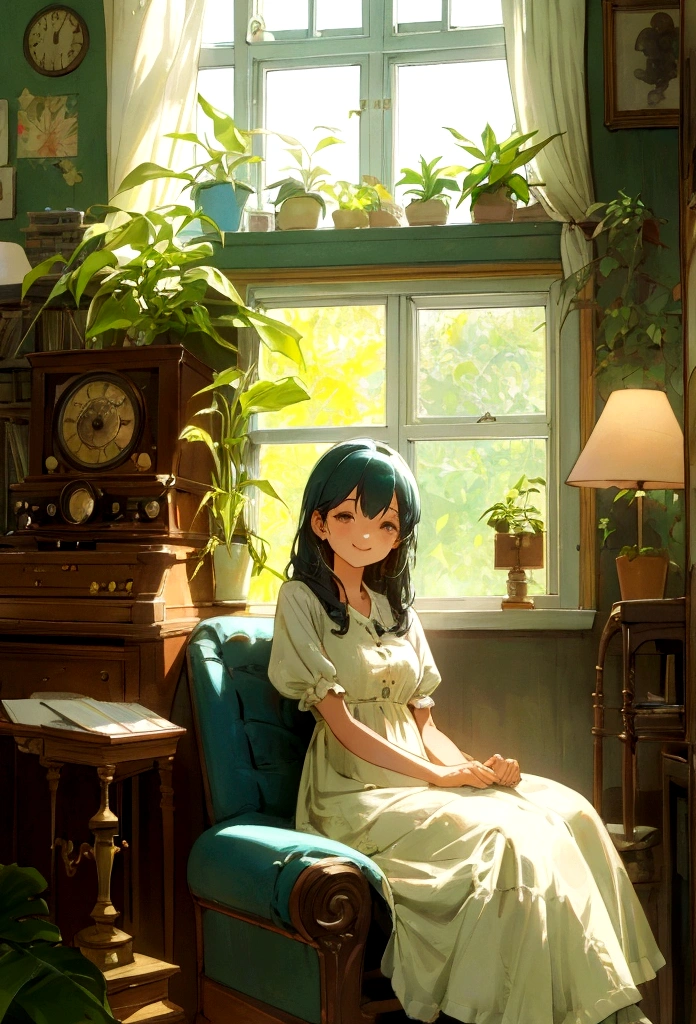 pretty girl,high resolution,Smile brightly,A calm lo-fi girl sitting by a window with soft sunlight streaming in, Immerse yourself in music, A vintage room filled with records and plants, Evokes a sense of nostalgia and relaxation, figure, Digital Art, --16 pieces:9-5 o'clock