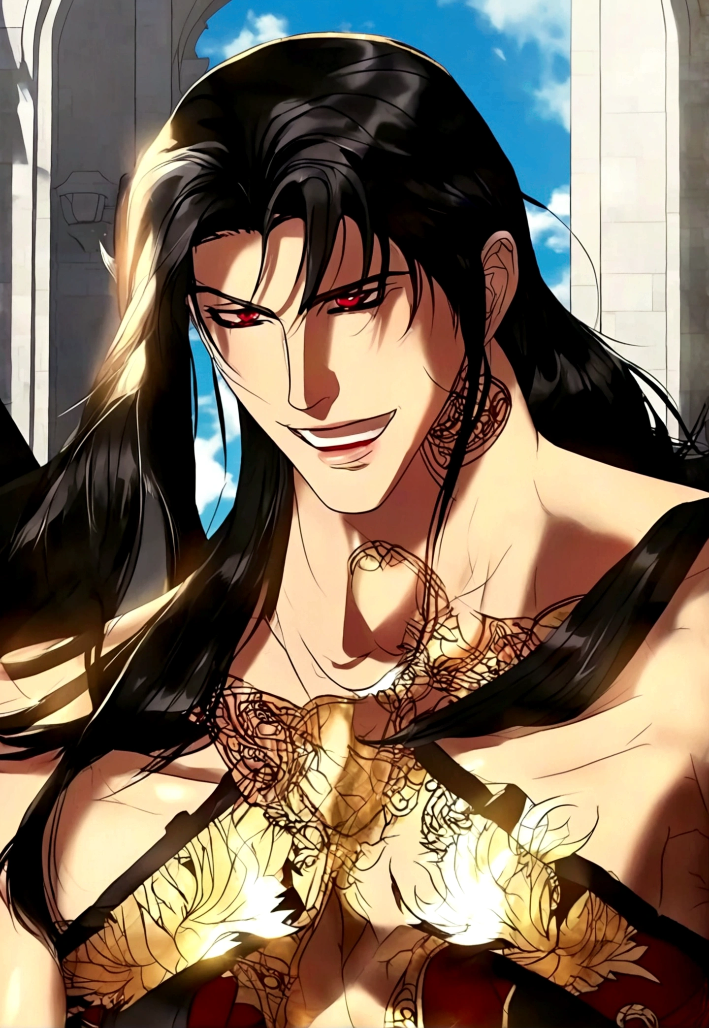 (absurdres, highres, ultra detailed), 1 male, adult, handsome, tall muscular guy, broad shoulders, finely detailed eyes and detailed face, black very long hair, red eyes, handsome, fantasy, gothic, wolf ears, wolf tail, Sunlight, Fantastic light and shadow, Scenery, portrait, vampire fangs, open mouth, sexy, attractive, full body, tongle, no clothes, no shirt,, Dog Collar, bangs, cute face