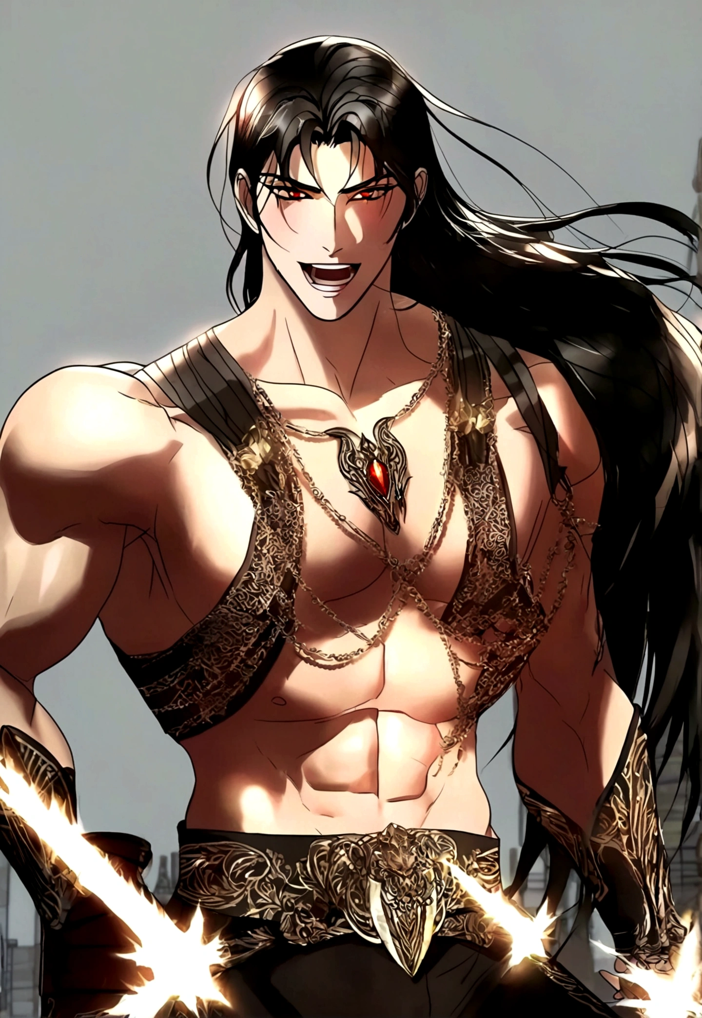 an attractive man with red eyes, looking 20 years old, cinnamon brown skin, teeth with prominent fangs, elegantly cut short black hair, Medium build and tall with defined muscles, and wearing dark red armor with black and gold that reveals certain parts of his body. (full body image) smiling and flirtatious expression