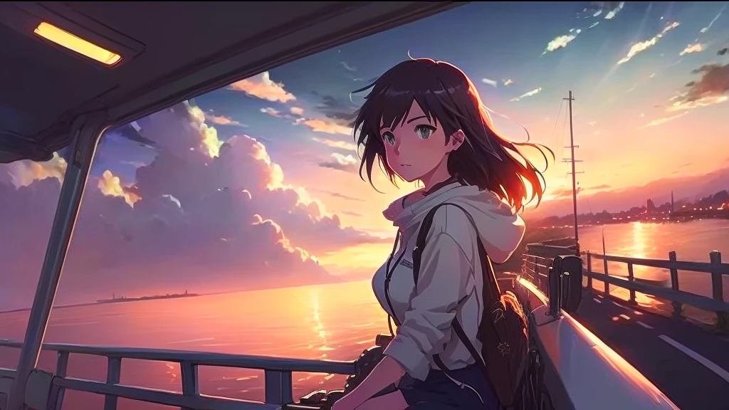 Anime girl riding a boat on the road with a sunset background, Makoto Shinkai Cyril Rolland, Lads and Lois Van Baarle, Gwaiz, Aenami Arena, Lo-fi Girl, style of Aenami Arena, artwork in the style of Gwaiz, ( ( makoto shinkai ) ), Lo-fi art style