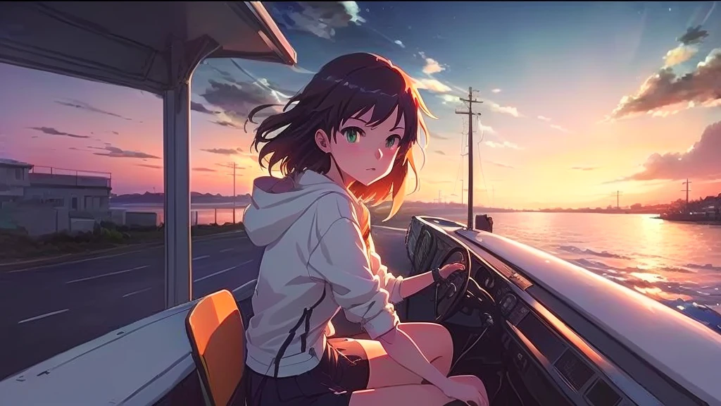 Anime girl riding a boat on the road with a sunset background, Makoto Shinkai Cyril Rolland, Lads and Lois Van Baarle, Gwaiz, Aenami Arena, Lo-fi Girl, style of Aenami Arena, artwork in the style of Gwaiz, ( ( makoto shinkai ) ), Lo-fi art style