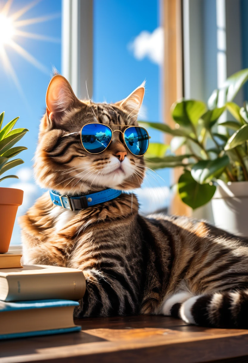 A stylish tabby cat sitting on a windowsill, wearing a pair of aviator sunglasses. The cat’s fur is sleek and well-groomed, and it exudes an air of confidence and coolness. The background features a sunny day with a bright blue sky and fluffy clouds, casting warm light into the room. A potted plant and a few scattered books add to the cozy atmosphere. Highly detailed, vibrant colors, playful elements, charming ambiance.
