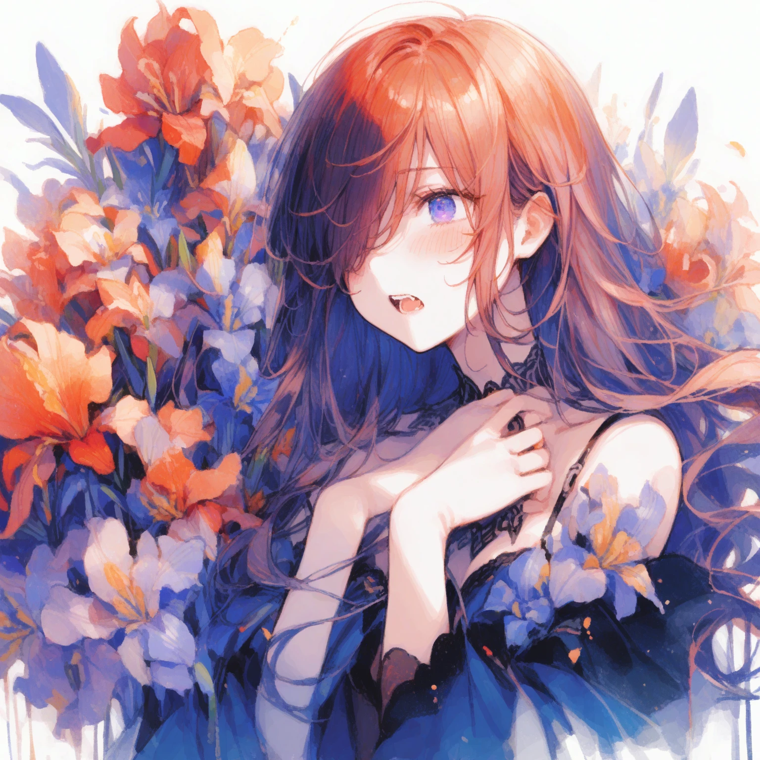 1girl、German Iris、「Burning passion」「passion」、Hiding one eye with hair、full-face blush, Screaming with mouth wide open、tegaki