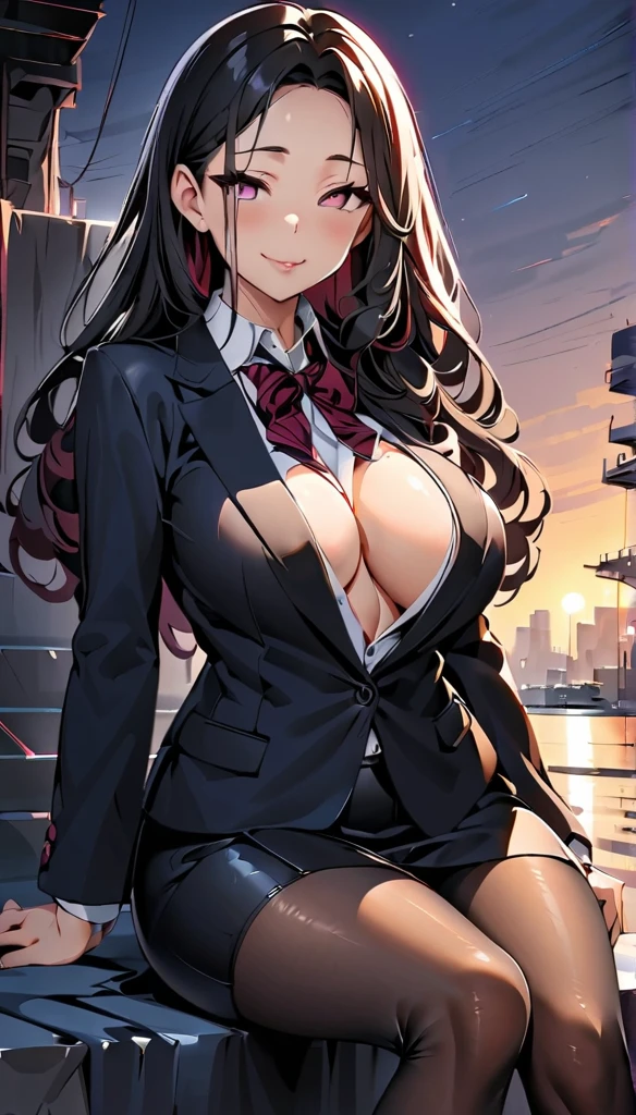 (highest quality:1.2,evil lady,cg, Very detailed, High Detail, digital coloring, High Contrast, masterpiece:1.2,suits, highest quality, Best aesthetics), 8k,masterpiece, cute,tall,beautiful,best quality, 1lady,black hair,long hair,empty eyes, (finely detailed glowing eyes and detailed face),,,,extremely detailed cg unity 8k wallpaper,solo,(latex military costume:0.9),large breasts,seductive smile,,latex thighhigh,large breasts,black hair,pink eyes,formal shirts,pantyhose,,enamel suits,grossy lips,sitting,tight skirt,sadistic smile,,heel,shiny skin,tight  skirt,detailed face,beautiful body,,adult,,show me breasts,sadistic,seductive smile,business suits,latex,no tie,bust shot