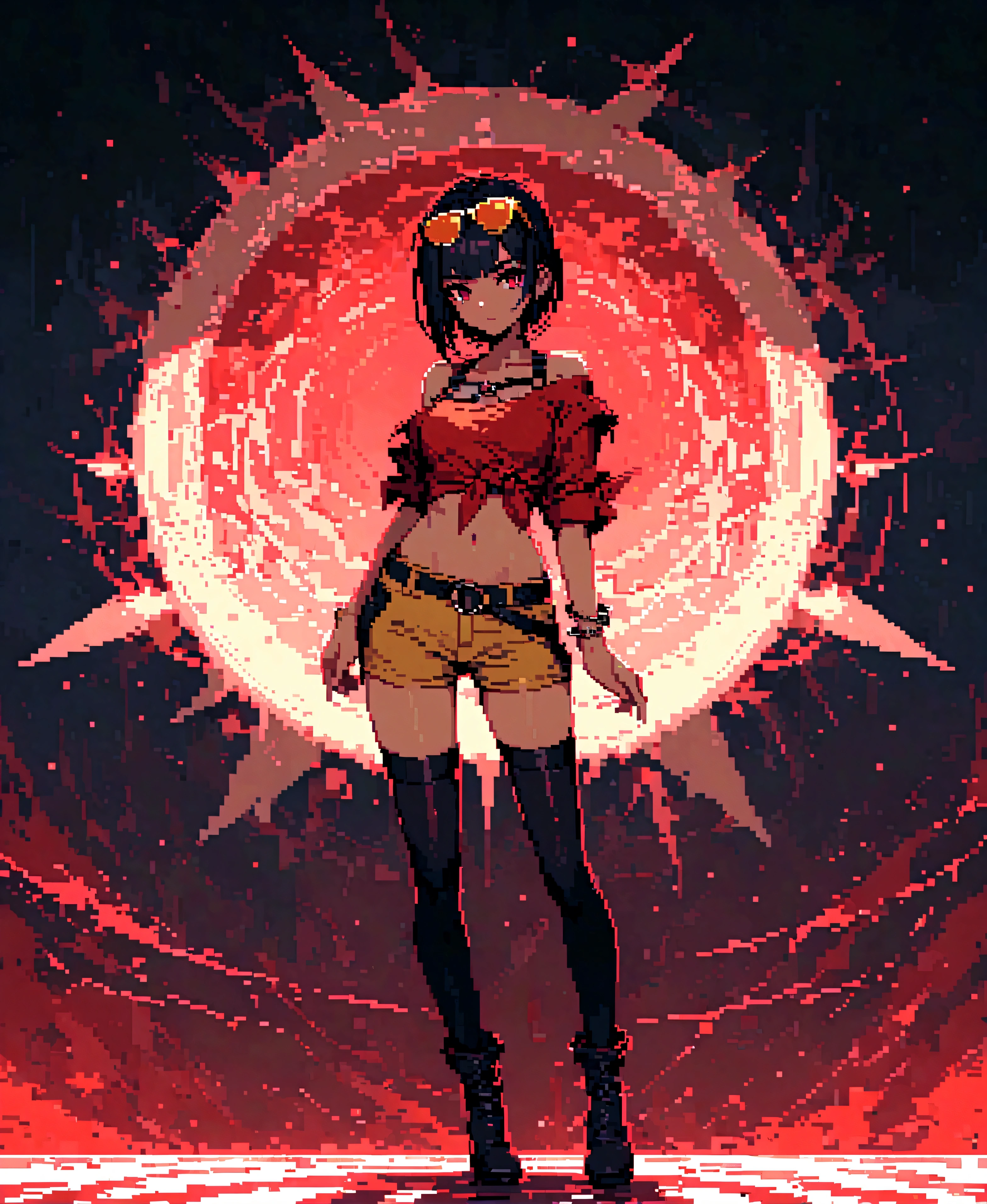 Girl, standing in flames, smiling wickedly