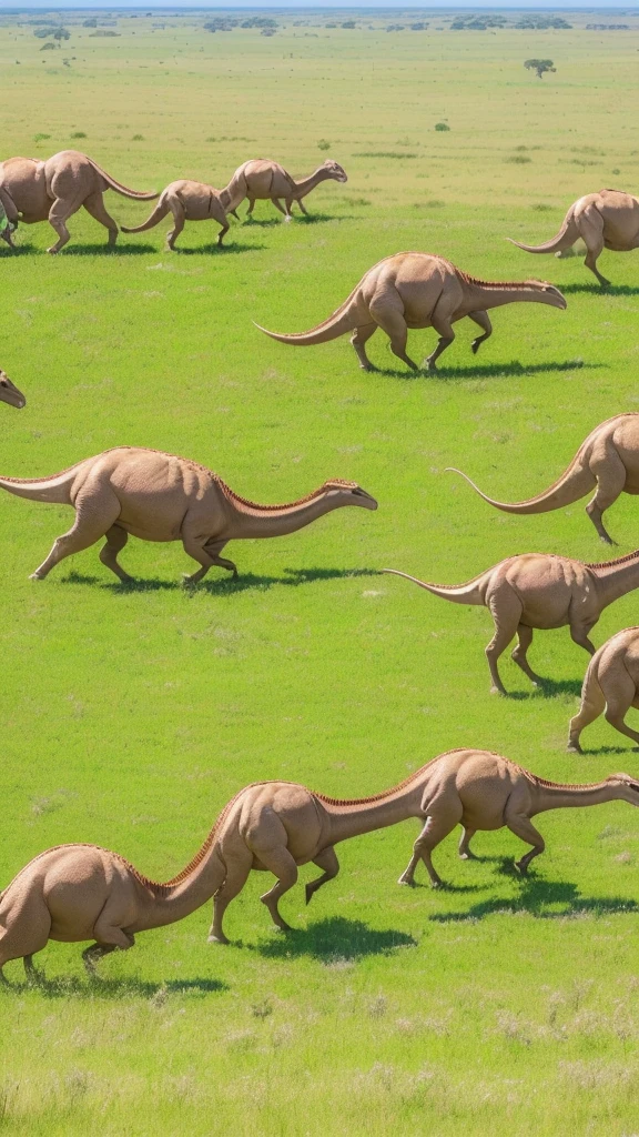 (Best quality:1.4),(Best result:1.4),(Super clear picture quality:1.4),(Super clear detail:1.2),A group of herbivorous dinosaurs running wildly,African grasslands，Hot summer，