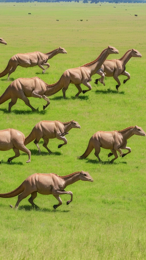 (Best quality:1.4),(Best result:1.4),(Super clear picture quality:1.4),(Super clear detail:1.2),A group of herbivorous dinosaurs running wildly,African grasslands，Hot summer，