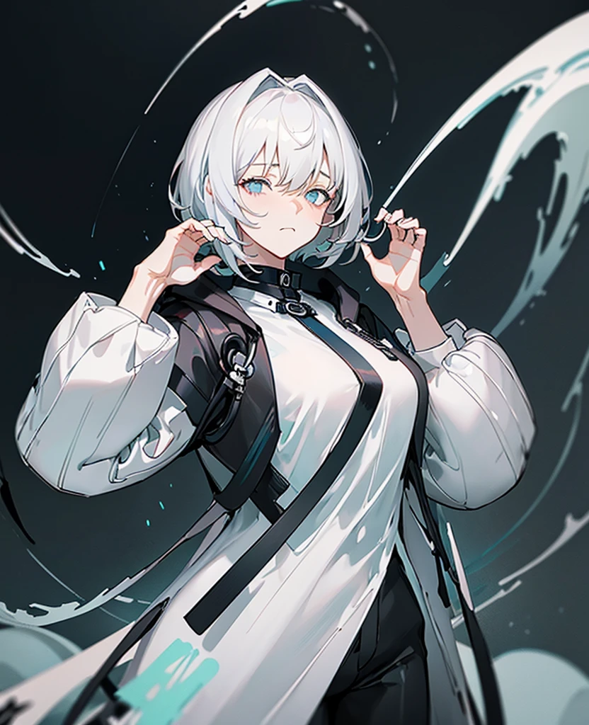 Masterpiece,Best quality,(A gloomy painting style:1.6),Solo,Boy,White hair,Short hair,(White shirt:1.4),((Face)) shirt,Shorts,Coat,Hood,Sneakers,Black coat,No breasts,Long sleeves,bangs,Fingerless gloves,Short hair,hair between eye,((gloomy expression)),(Pure black background:1.4),1 girl,monochrome,upper_body,gloom,hood,heart,hands up,holding heart,(heart with hands:1.4),Palms up